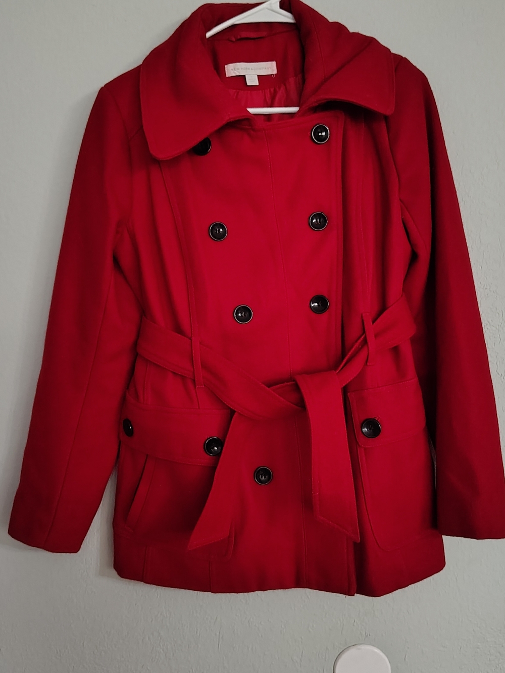 New York & Company Double Breasted Red Pea Coat with Satin-Look Lining
